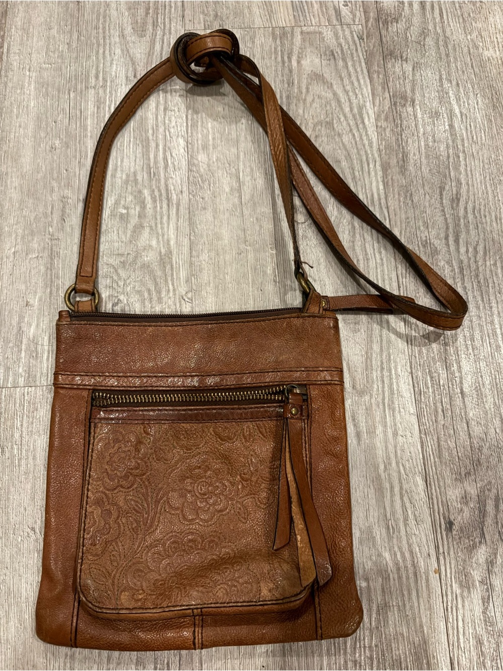 Fossil Women’s Boho Floral Brown Leather Crossbody Bag - Floral Front Pocket